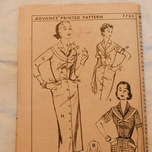 1950s Shirt Dress Sewing Pattern: Advance 7733, Bust 36&quot; (UNCUT)