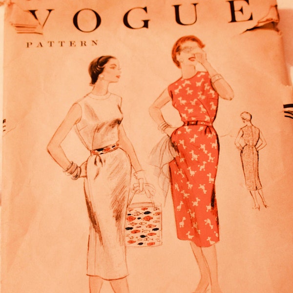 Size 14 Vintage 1950s Vogue 8331 Sewing Pattern Misses Scoop Neck Slim Skirt Dress Belted French Darts Bust 32