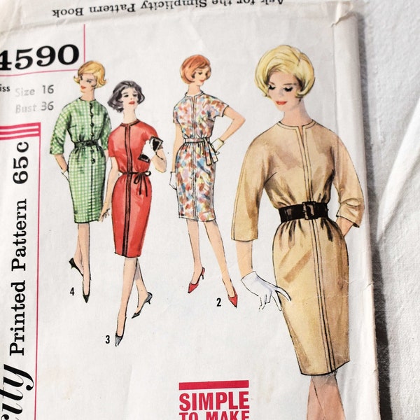 Size 16 Vintage 1960s Simplicity 4590 Sewing Pattern Misses Collarless Dress Front Slit Neckline Front Details Kimono Sleeves Bust 36