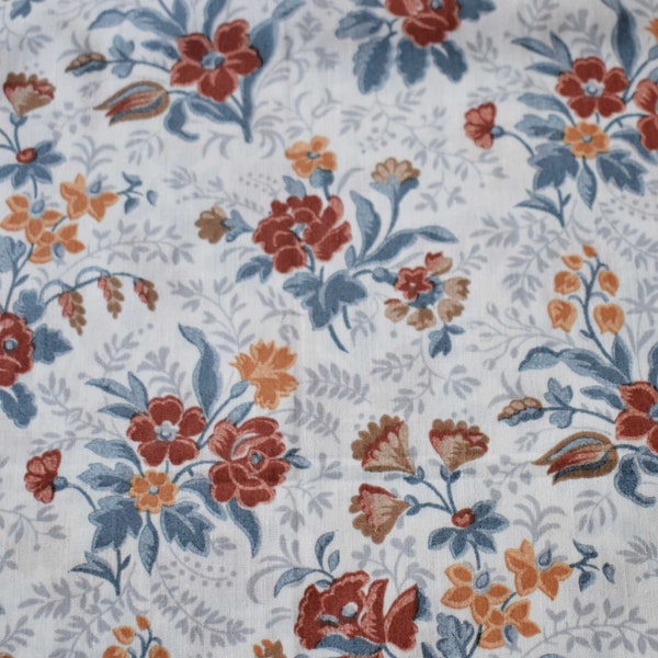 Unused Vintage Fabric White Fabric with Medium Grey Blue Burnt Orange and Gold Flowers Gray Stems Sold by the Half Yard