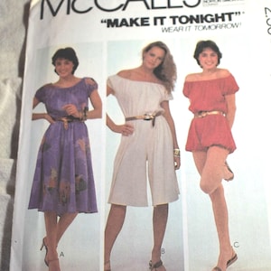 Size 5 6 UNCUT 1980s McCalls 7600 Sewing Pattern: Misses Off Shoulder Dress, Jumpsuit