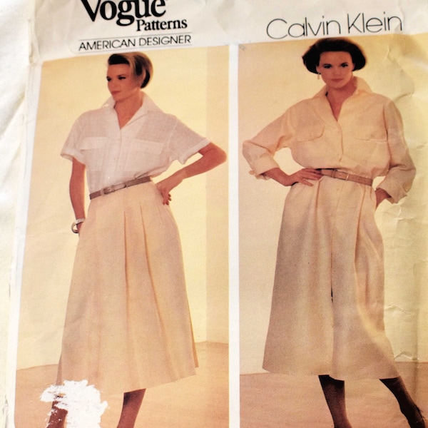 Size 14 UNCUT Vintage 1980s Vogue 1320 Designer Sewing Pattern Misses Large Pocket Blouse Shirt Dress Pleated Skirt Calvin Klein