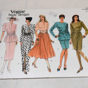 May include: Vogue Basic Design sewing pattern number 276. The pattern includes five different dress designs. The dresses are shown in various colors, including pink, green, brown, and blue. The pattern is for sizes 10-18.