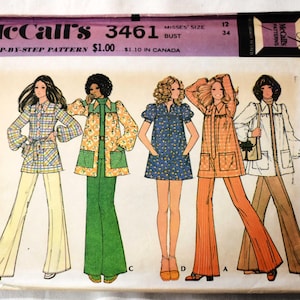 Talla 12, patrón de costura McCalls 3461 de los años 70, sin cortar, túnica de manga abullonada para mujer, minivestido, busto de 34".