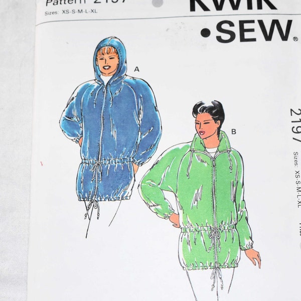 Size XS S M L XL UNCUT Kwik Sew 2197 Sewing Pattern Misses Front Zip Jacket Hooded or Large Collar Raglan Sleeves Bust 31.5" - 45"