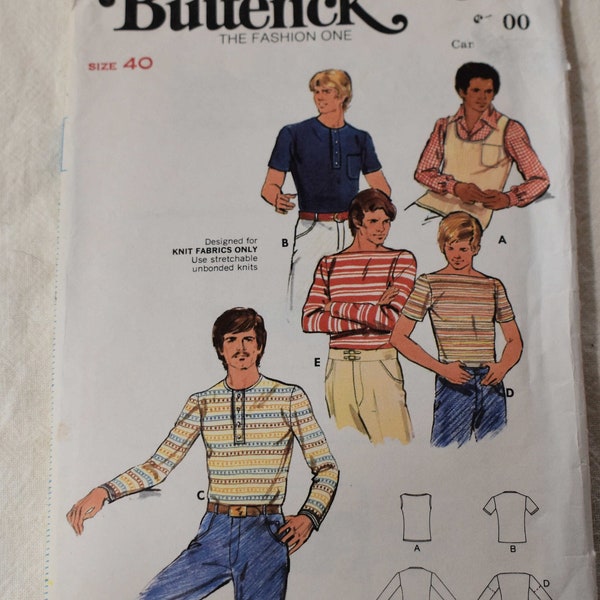 Size 40 Vintage 1970s Butterick 3115 Sewing Pattern Men's Deep Scoop Neck Tank Top Boat Neck T Shirt Henley Collarless Polo Shirt