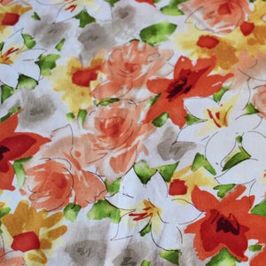 Unused Vintage Fabric White with Large Flowers in Orange Yellow Gold and Gray on White Fabric Sold by the Half Yard