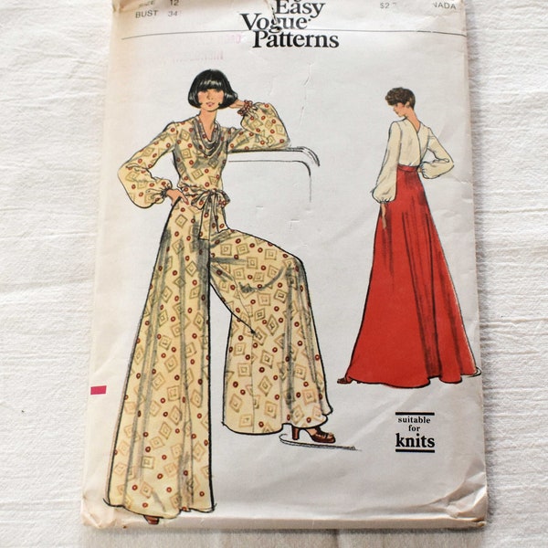 Size 12 Vintage 1970s Vogue 8755 Sewing Pattern Misses Flared Skirt Extra Wide Palazzo Pants Cowl Neck Top Bust 34