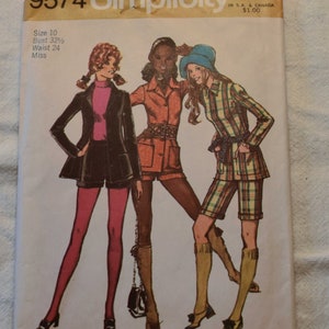 May include: Vintage Simplicity sewing pattern number 9574 for a miss's outfit. The pattern includes three different looks: a black jacket with shorts, a red and white patterned shirt with shorts, and a plaid shirt with shorts. The pattern is for sizes 10-18.