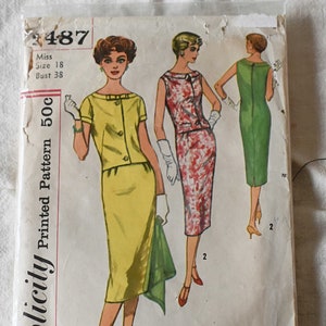 Maat 18 Vintage jaren 1950 Simplicity 2487 Naaipatroon mist semi-getailleerde nachthemdjurk uit één stuk met brede kraag en manchetten, buste 38&quot;