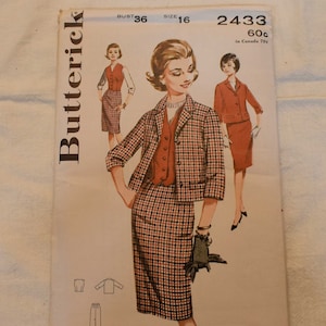 Size 16 UNCUT Vintage 1960s Butterick 2433 Sewing Pattern Misses Jacket Fitted Vest Straight Skirt 3 Piece Suit Bust 36&quot;