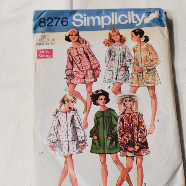 Taille 16 18 vintage des années 1960 simplicité 8276 Patron de couture Misses Loose Dress Micro Mini Dress Beach Cover Robe Buste 38 40 Large