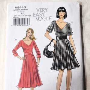 Size 14 16 18 20 22 UNCUT Vogue 8443 Sewing Pattern Misses Semi Fitted Dress Deep V Neckline Bust 36 38 40 42 44