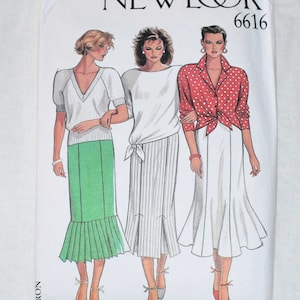 May include: Sewing pattern for three skirts. The pattern is called "New Look" and the number is 6616. The skirts are white, green, and striped. The text "Tops not included" is printed on the pattern.