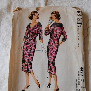Size 14 UNCUT Vintage 1950s McCalls 4429 Sewing Pattern Misses Front Wrap Dress Deep V Neckline Bust 34&quot; Cocktail Dress Special Occ