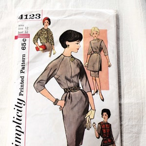 Rozmiar 12, styl vintage lat 60., Simplicity 4123, wykrój do szycia, sukienka, tunika, bolerko, biust 32"