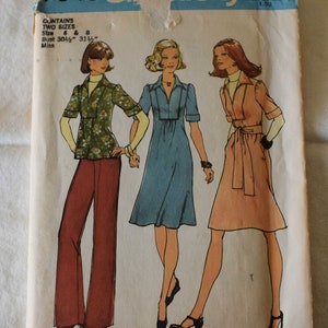 Size 6 8 UNCUT Vintage 1970s Simplicity 7049 Sewing Pattern Misses Wide Leg Pants Large Collar Tunic Top Dress Bust 30.5 31.5&quot;