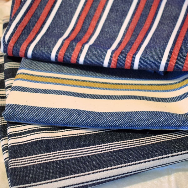 Unused Vintage 1970s Denim Fabric Striped Blue Jean Fabric Heavy weight Red White Blue Yellow Sold by the Half Yard