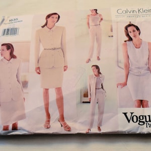 Patrón de costura para vestido de señora, chaqueta, falda acampanada, pantalones plisados, Calvin Klein, talla 6, 8, 10, sin cortar, vintage, década de 1990, diseñador Vogue 1635
