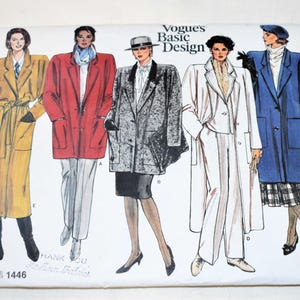 Patrón de costura Vogue 1446 de los años 90, talla 8-18, sin cortar, para abrigo y chaqueta forrados de mujer.