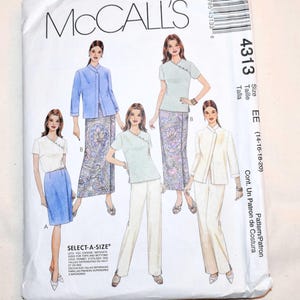 May include: A white and light blue McCall's sewing pattern envelope. The front features illustrations of women's clothing, including a jacket, skirt, pants, and top. The pattern number is 4313, and the size is EE (14-16-18-20).
