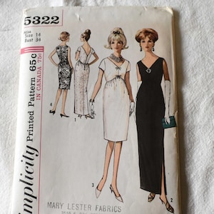Size 14 UNCUT Vintage 1960s Simplicity 5322 Sewing Pattern Misses Cocktail Dress Evening Gown V Neck Detail Bust 34&quot;