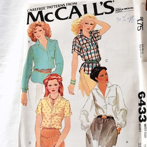 Size 10 UNCUT Vintage 1970s McCalls 6433 Sewing Pattern Misses Blouse Notched Collar Shirt Bust 32