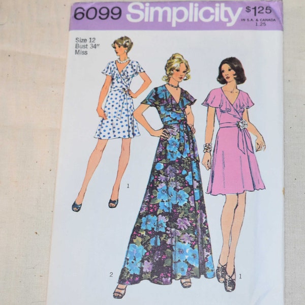 Size 12 UNCUT Vintage 1970s Simplicity 6099 Sewing Pattern Ruffled Front Wrapped Dress Mini or Floor Length Sleeveless Bust 34"