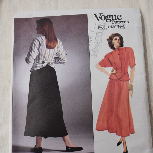 Size 8 UNCUT Vintage 1980s Vogue 1918 Designer Sewing Pattern Misses 2 Piece Dress Skirt Blouse with Peplum Bust 31.5" Chloe