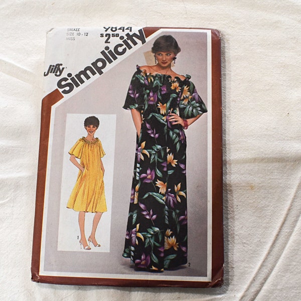 Size 10 12 UNCUT Vintage 1970s Simplicity 9844 Sewing Pattern Misses Loose Fit Pull On Peasant Dress Lounge Wear
