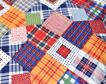 Tela vaquera vintage estampada, patchwork a cuadros, se vende por medio metro.