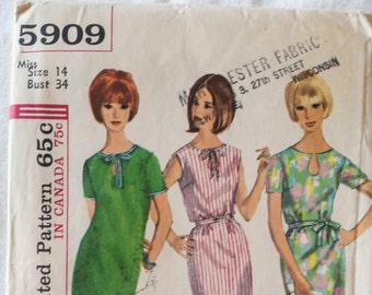 Vintage 1965 Simplicity 5909 Sewing Pattern Slim Fitting Dress Short Sleeve and Sleeveless Dress Tied at Neckline Size 14 Bust 34" UNCUT