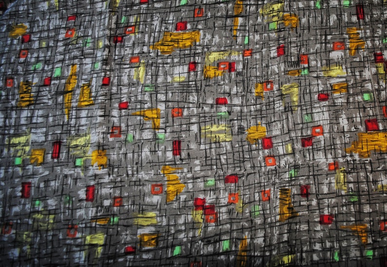 Unused Vintage 1950s Geometric Cotton Fabric Gray and Black image 0