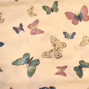 Tessuto vintage, stampa di farfalle bianche in verde acqua, viola, lavanda e oro metallizzato immagine 1