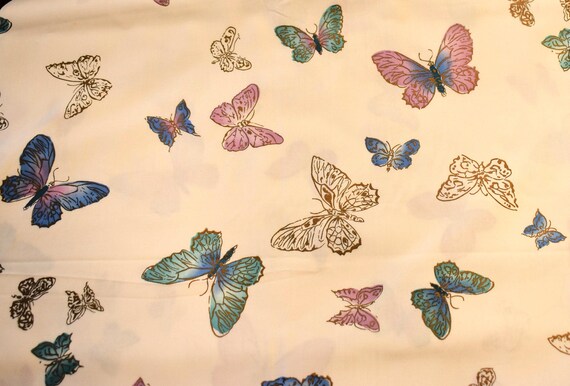 Vintage Fabric, White Butterfly Print in Teal, Purple, Lavender and Metallic Gold