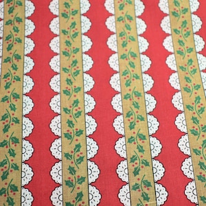 Unused Vintage Christmas Fabric Bright Red Print with Stripes of Holly and Scallops of White Lace Holiday Fabric Sold by the Half Yard