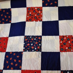 Unused Vintage Fabric Printed Patchwork Squares in Blue Red Calico and White Sold by the Half Yard