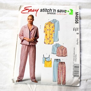 May include: A sewing pattern labelled "Easy Stitch 'n Save M4956 by McCall's." The pattern shows illustrations of sleepwear sets, including a pink floral pajama set, a yellow floral robe, and blue sleepwear. Size B (Lrg-Xlg).
