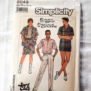 Chest 32-36 UNCUT 1980s Simplicity 8049 Sewing Pattern, Shorts, Pants, Shirt Bowling Shirt