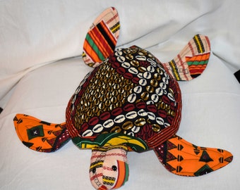 Handmade and Adorable Stuffed Sea Turtles Made of African Dutch Wax Fabrics in Browns Oranges and Cream or Purple Greens and Blues