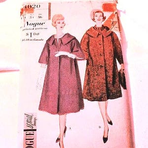 Size 14 Vintage 1950s Vogue Special Design 4020 Sewing Pattern Misses Swing Coat Shawl Collar Raglan Sleeve Bust 34"
