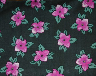Vintage Fabric, Black Floral with Fuchsia/Hot Pink Flowers, Sold by the Half Yard