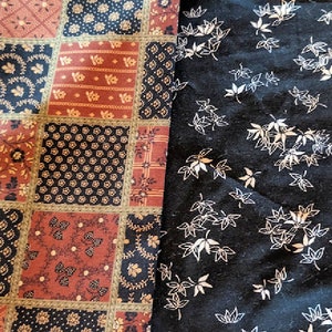 Unused Vintage Fabric Cinnamon Brown and Black Patchwork Print Calico and Black with White Flowers Small Print Fabric