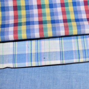 Tela tejida vintage sin usar, ligera, a cuadros rojos, azules y blancos, y azul medio, para camisas, se vende por media yarda.