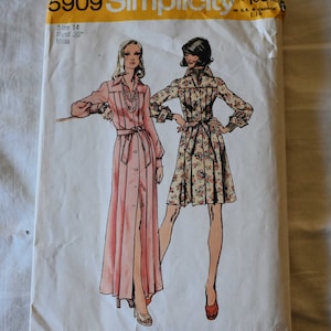 Size 14 Vintage 1970s Simplicity 5909 Sewing Pattern Misses Semi Fitted Front Button Dress Large Pointed Collar Front Pleats Bust 36&quot;