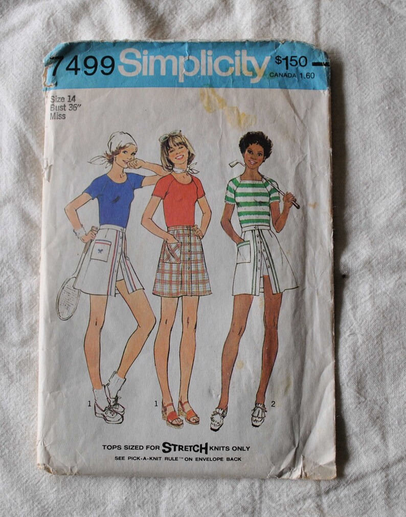 Size 14 Tennis Skirt Misses T Shirt Simplicity 7499 Sewing Pattern Vintage 1970s Shorts Culottes Mini Skirt Uncut Bust 36
