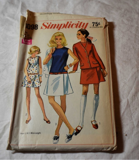 Size 10 or 12 Vintage 1960s Simplicity 8098 Sewing Pattern Misses Drop  Waist Culottes Onsie Jumpsuit Unlined Jacket Bust 34