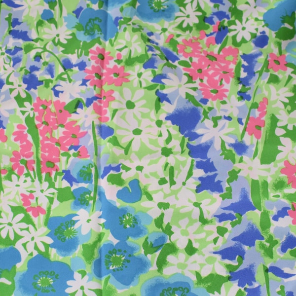 Unused Vintage Fabric Silky Polyester Fabric White with Bright Pink Blue and Lavender Flowers Bright Green Leaves Sold by the Half Yard