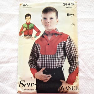 May include: Vintage sewing pattern for a boy's shirt, featuring a plaid and red design. The pattern includes a drawing of the shirt and the text "Sew-Advance". The pattern is size 4 and priced at 50c.