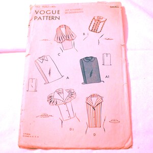 Size Sm Vintage 1950s Vogue 9352 Sewing Pattern Misses Four Distinctly Different Dickey Faux Blouse Tops Bust 32" 34"